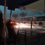 Kavárna, autobus a déšť.