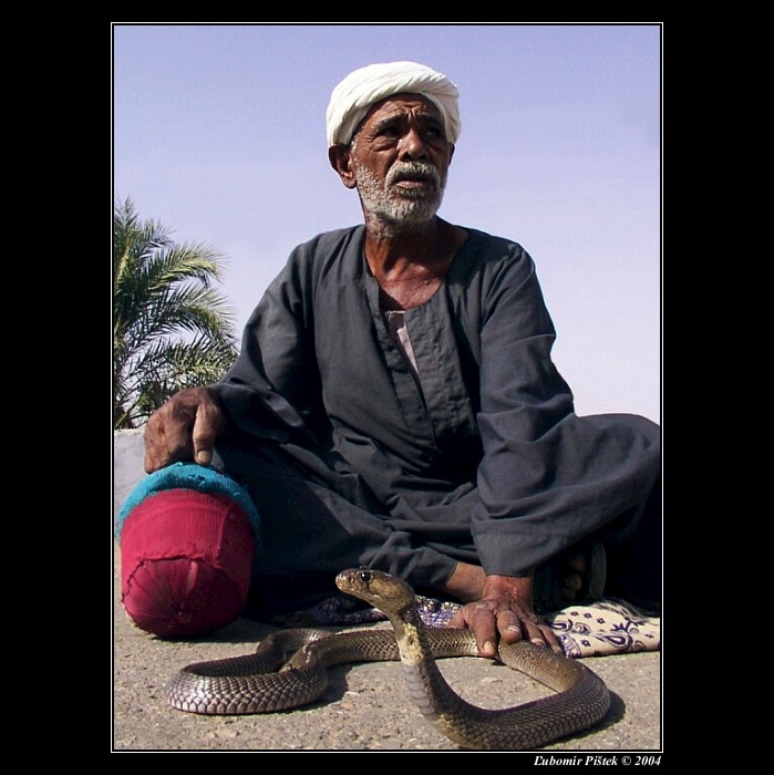 Pouličný zabávač v Edfu