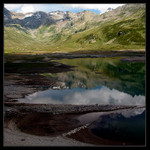 Vysychající břehy Lago de Monte Spluga