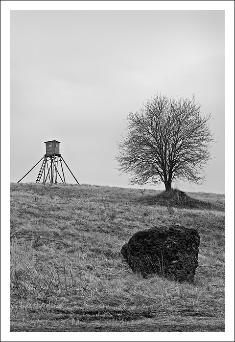 Velký kámen, strom a posed